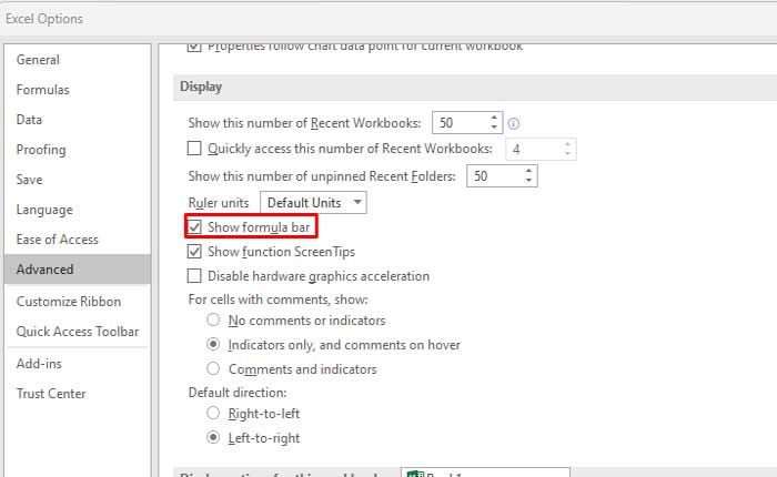 Mostrar barra de fórmulas desde las opciones de Excel