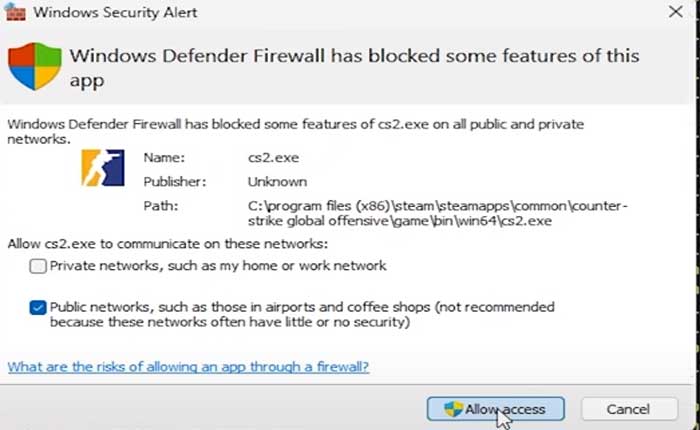 Alerta de seguridad de Windows para partida privada de CS2