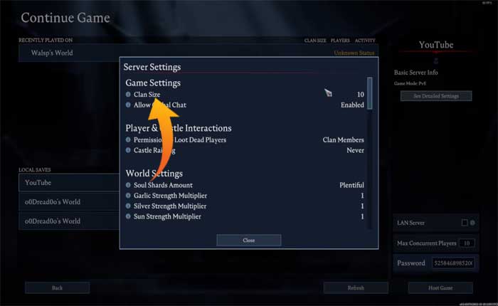 Cambiar la configuración del servidor privado en V Rising