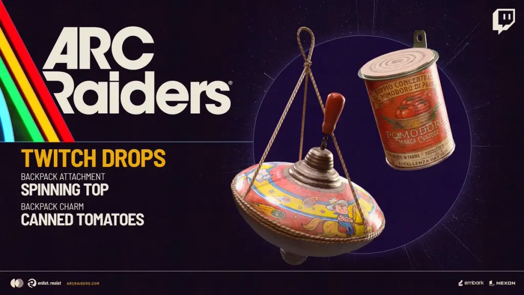 Arc Raiders Twitch Drops: Cómo obtener los accesorios de mochila Spinning Top y Canned Tomatoes