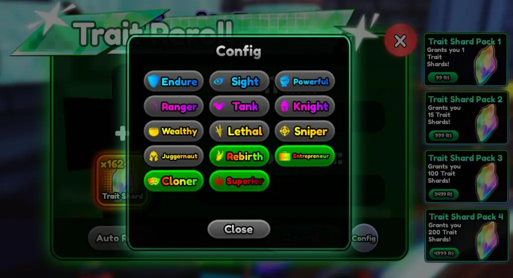 Auto Reroll traits in Anime Squadron