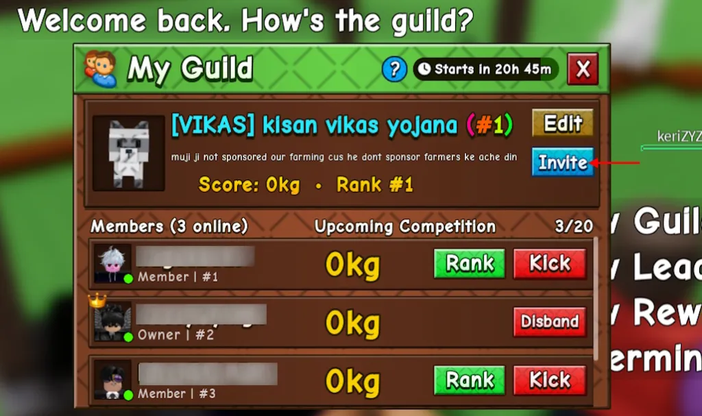 Invitar a alguien a la guild en Grow a Garden 2