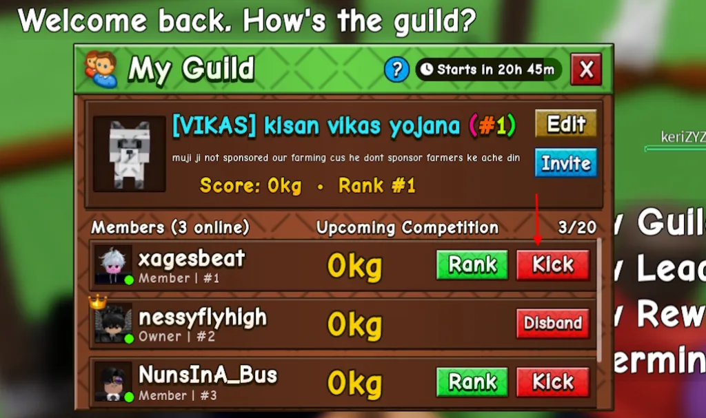 Expulsar un jugador de la guild en Grow a Garden 2