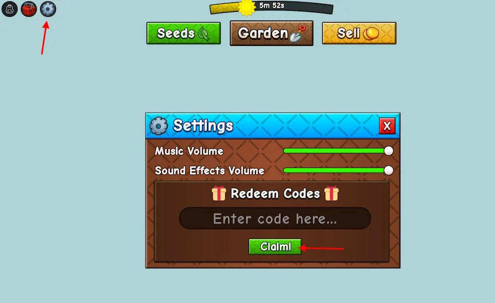 Efecto al redimir códigos en Grow a Garden 2