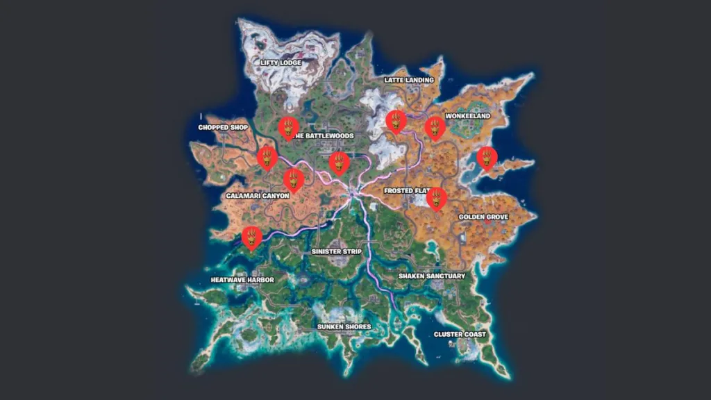 Mapa de ubicación de los jefes en Fortnite Chapter 7, Season 3