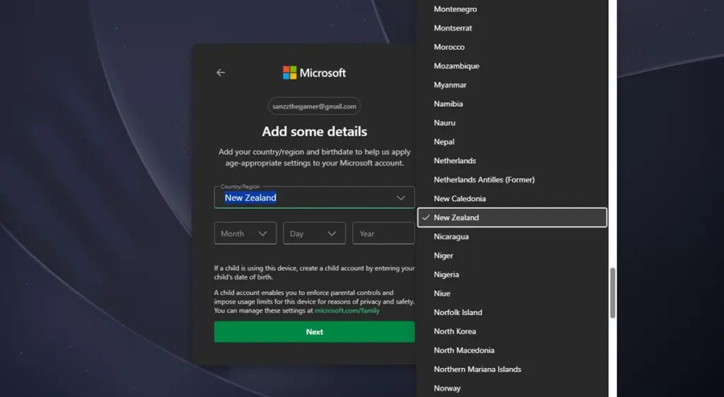 Create New Zealand Microsoft account