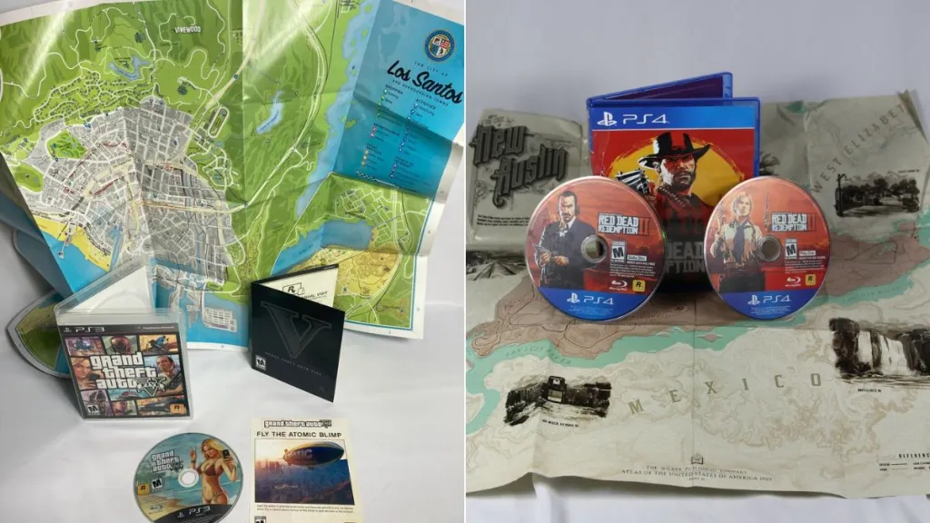 GTA 5 y Red Dead Redemption 2 con discos y mapas impresos
