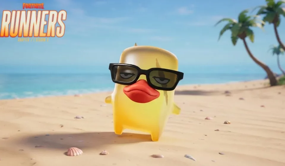 Fortnite Duck Sprite at a beach with the logo for Fortnite Runners