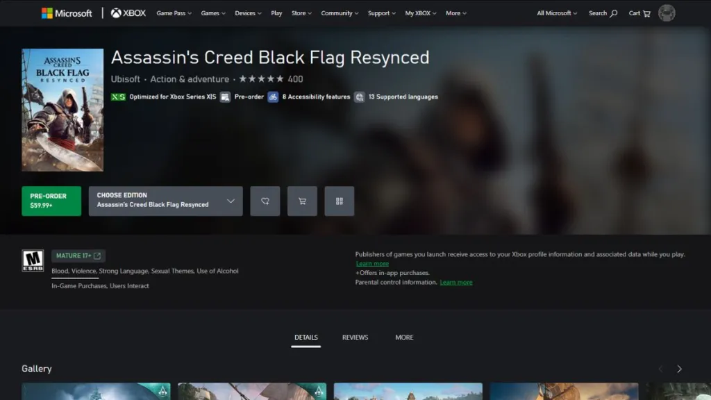 Assassin's Creed Black Flag Resynced on the Xbox Microsoft Store with the price and Pre-Order button