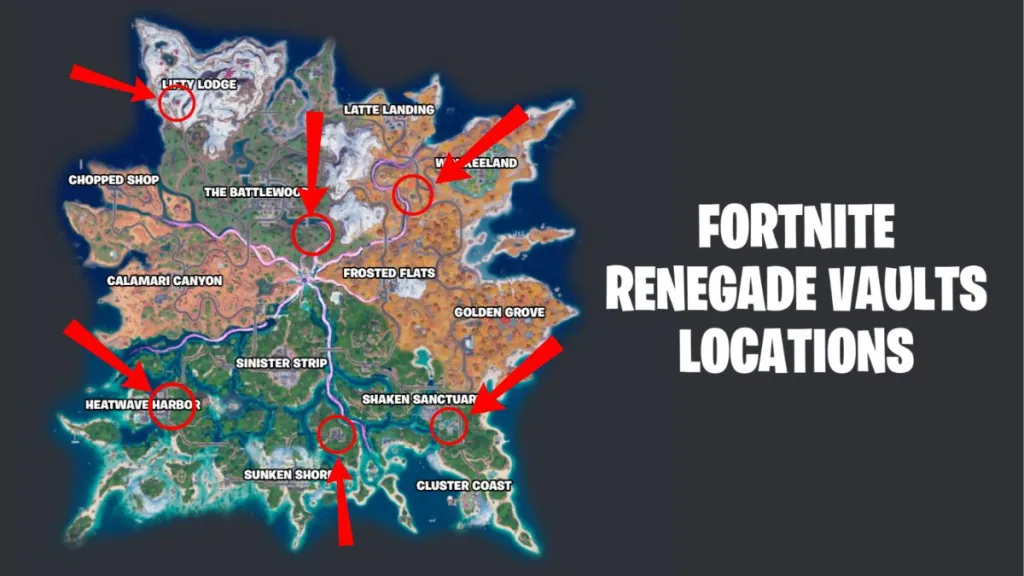 Fortnite Chapter 7 Season 3 map with the Renegade Vaults locations marked