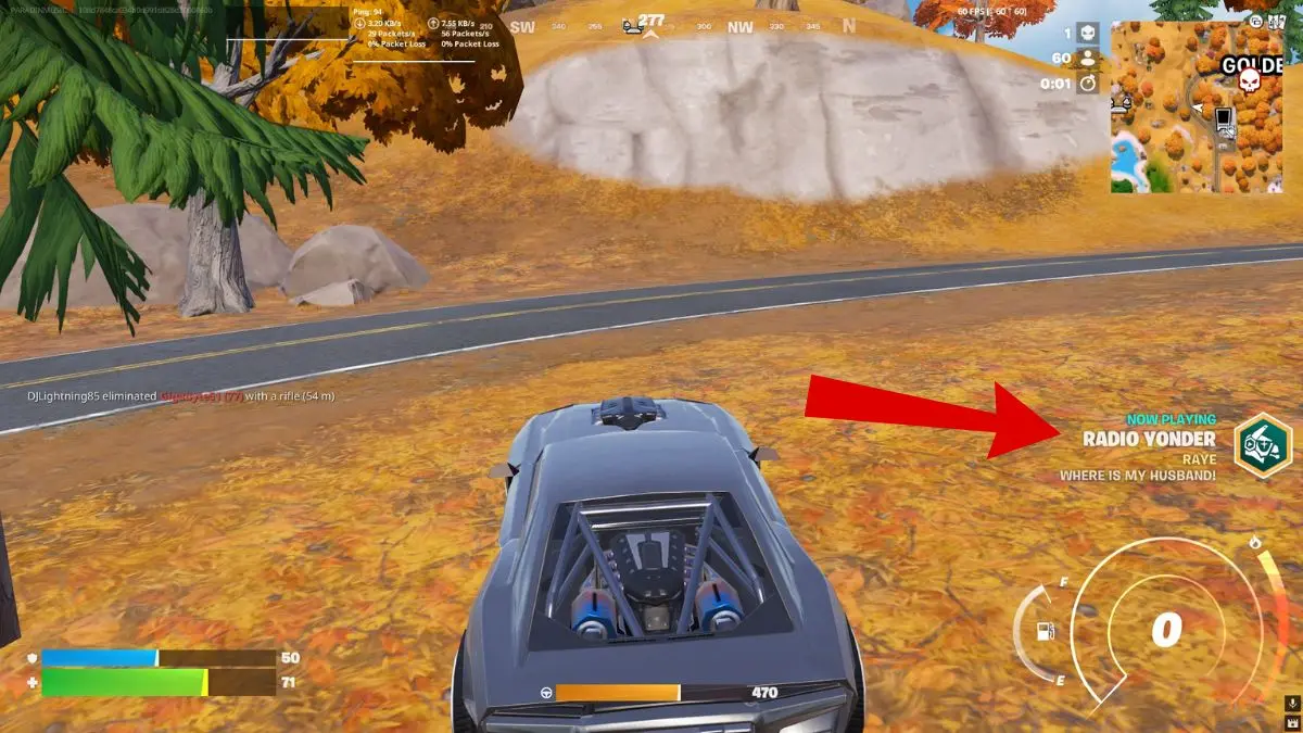 Player in Fortnite car with the radio station highlighted