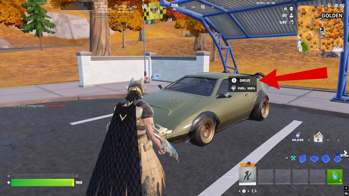 A vehicle in Fortnite with the prompt to interact and enter