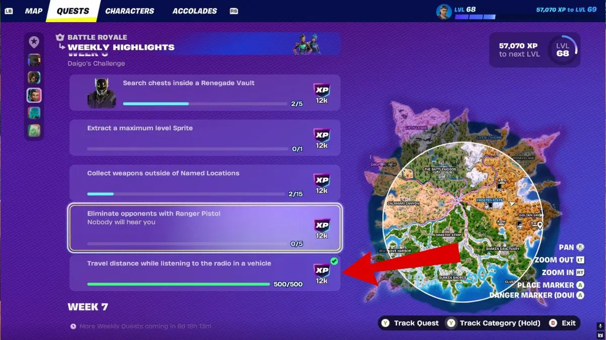Page of Fortnite Chapter 7 Season 3 quests with arrow highlighting vehicle radio quest