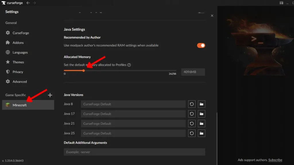 Asignar más RAM en CurseForge