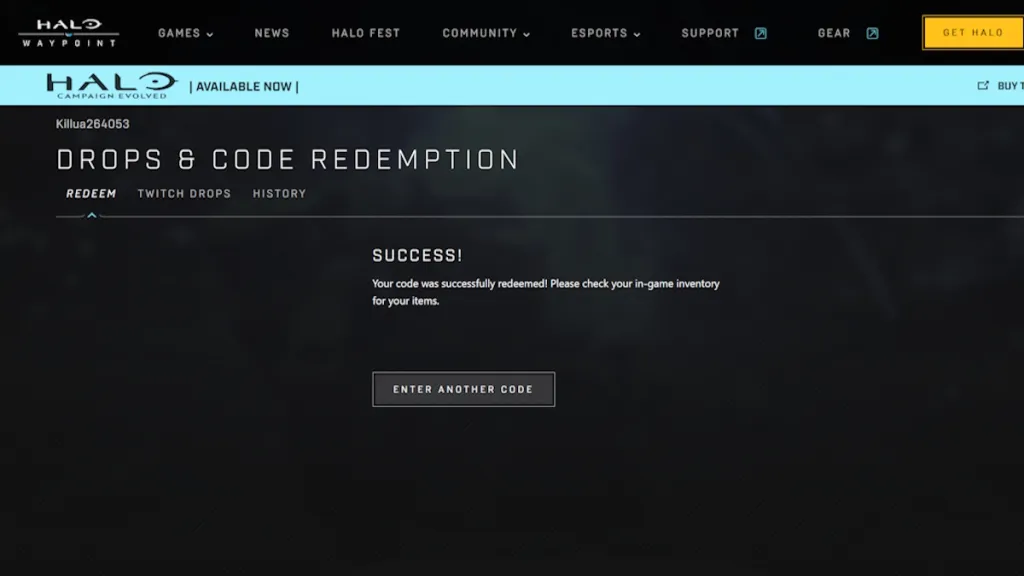 Código canjeado con éxito en Halo Campaign Evolved