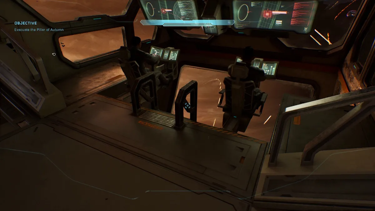Use the ladder in between the two pilots and climb down to the pit area in Halo Campaign Evolved