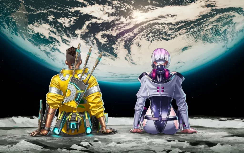 Imagen de la colaboración Apex Legends y Cyberpunk Edgerunners con Lucy y David