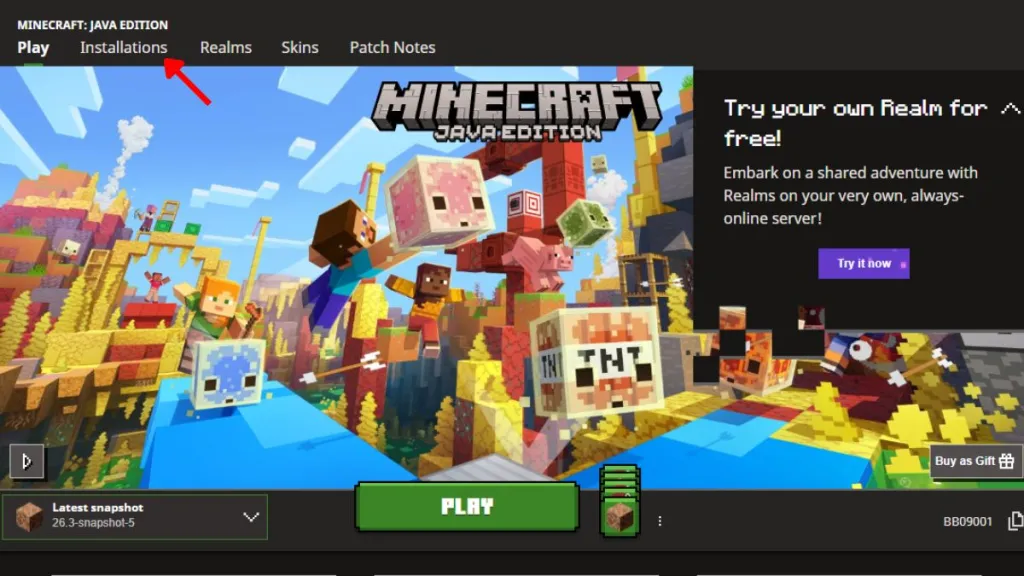 Abrir la pestaña de instalaciones en el Launcher de Minecraft