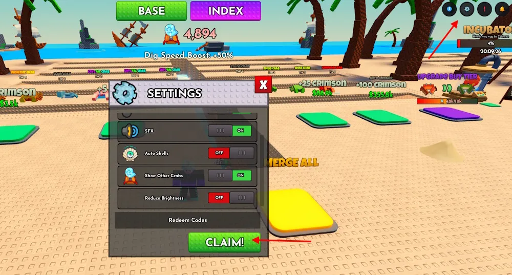 Canje de códigos en Crab Tycoon