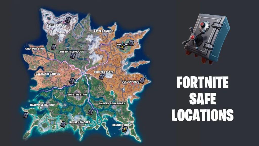 Fortnite Chapter 7 Season 3 map with the locations of Safes marked on it