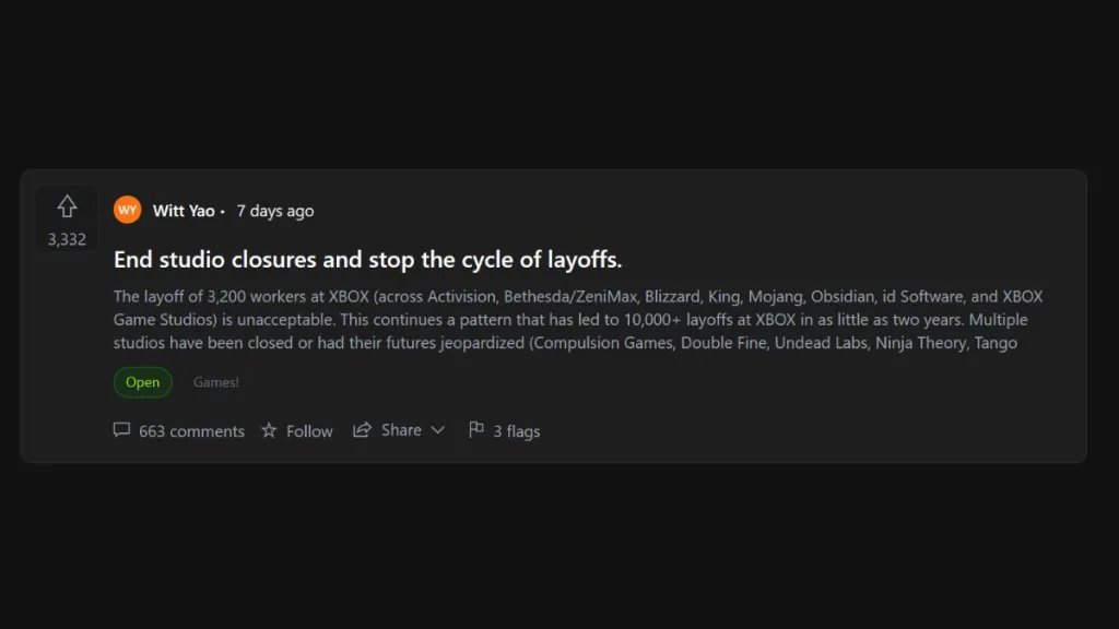 Post de protesta de Witt Yao sobre los despidos en Xbox