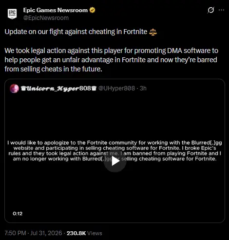 Fortnite bans cheater and releases official statement on X