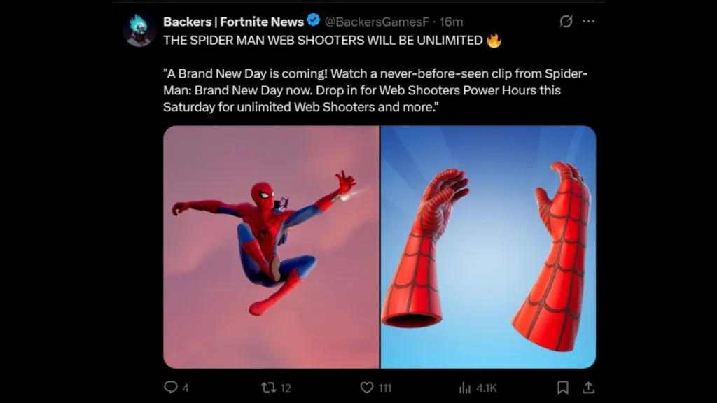 BackersFN tweet about Web Shooters Power Hours in Fortnite