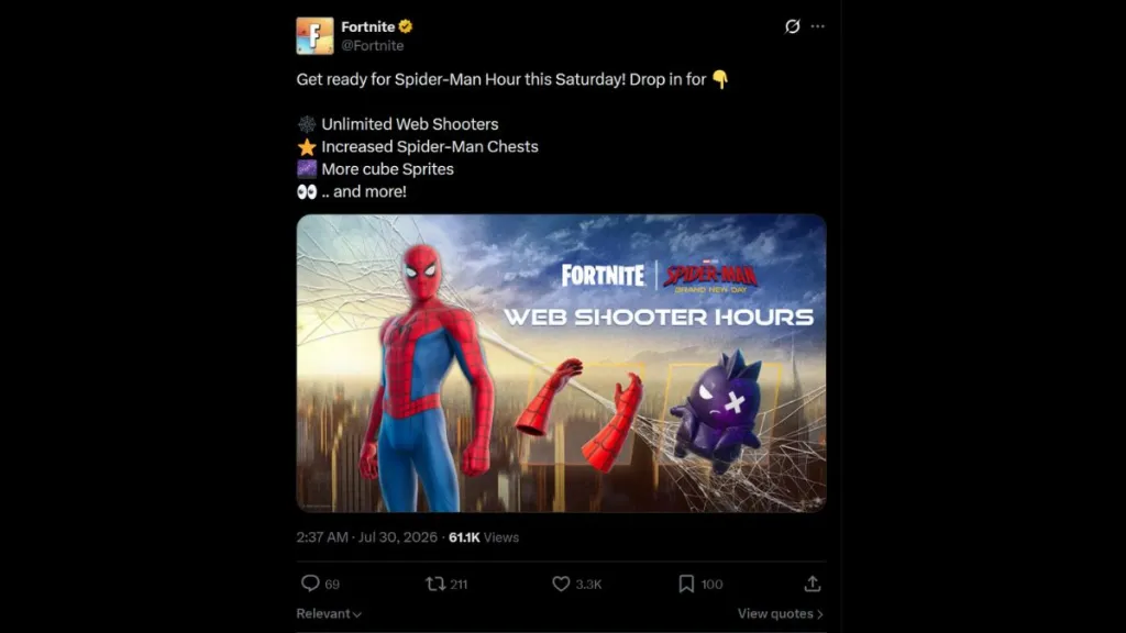 Fortnite X post about Spider-Man Web Shooters Hours