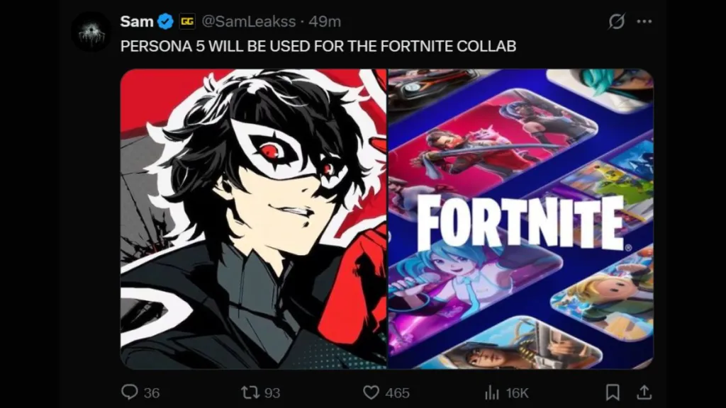 Post en X de SamLeakss sobre la colaboración Persona 5