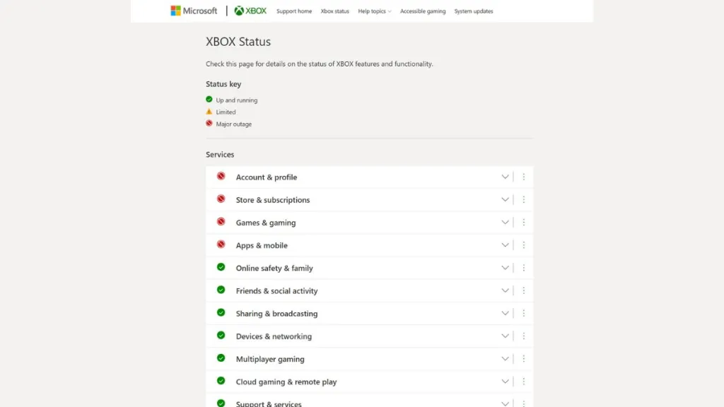 Xbox Server Status page