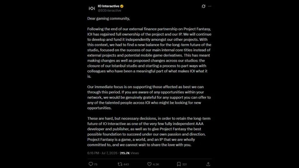 IO Interactive Statement for Project Fantasy on X