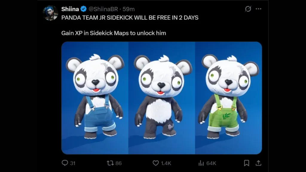 ShiinaBR tweet about the Panda Team Jr Sidekick in Fortnite