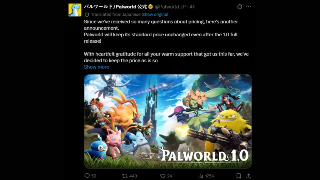 Palworld X post about price staying the same for 1.0 update