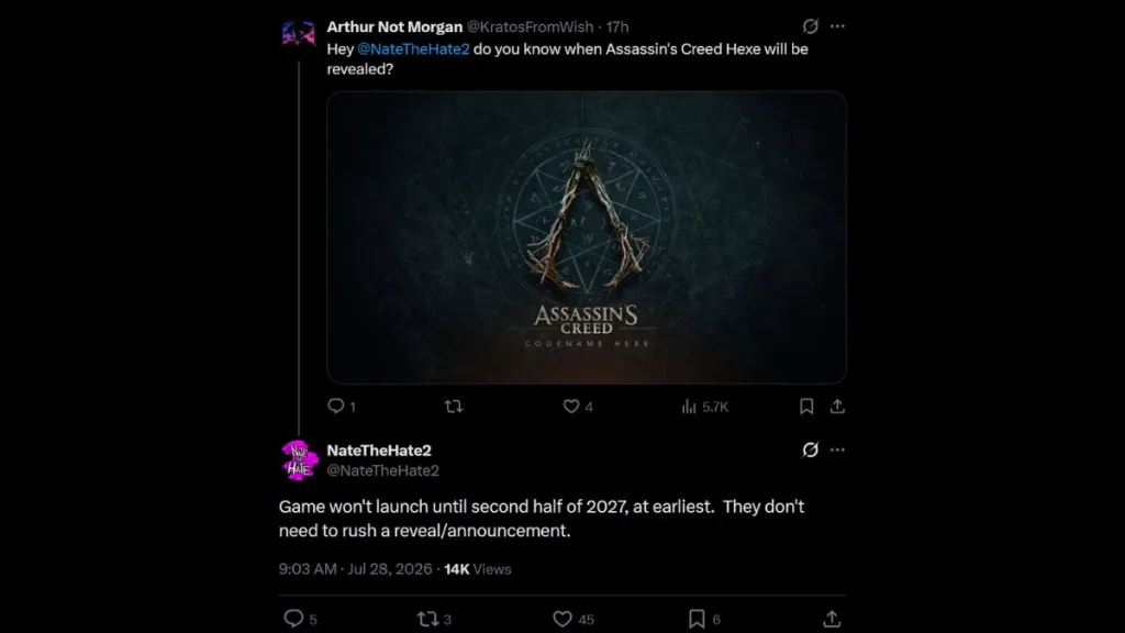 NateTheHate post on X about the release date for Assassin's Creed Hexe