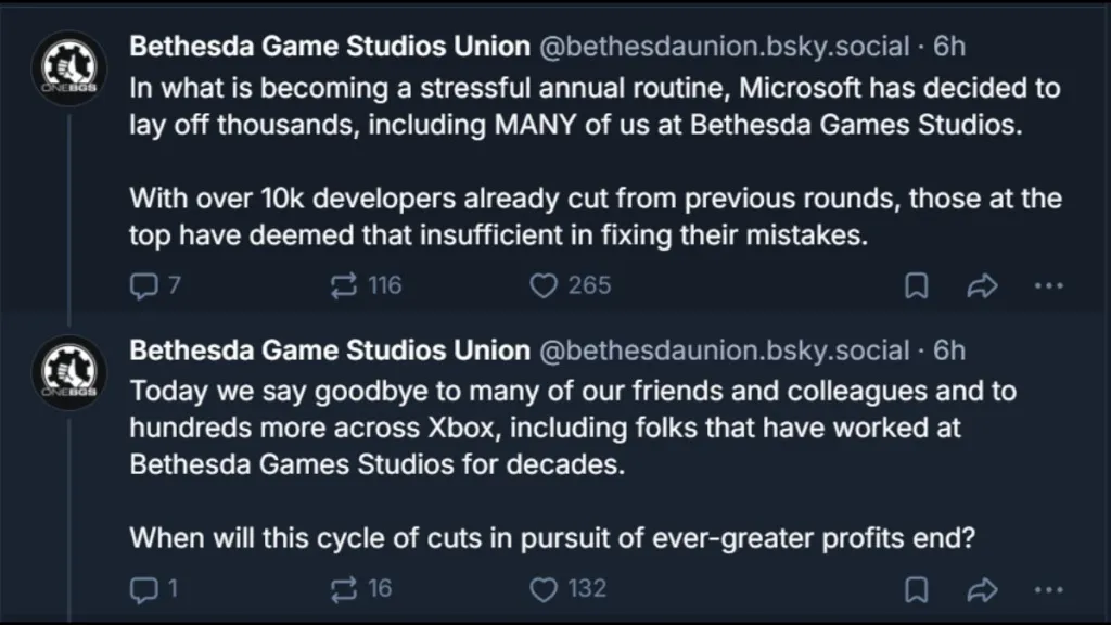 Bethesda Game Studios Union statement regarding Xbox layoffs on BlueSky