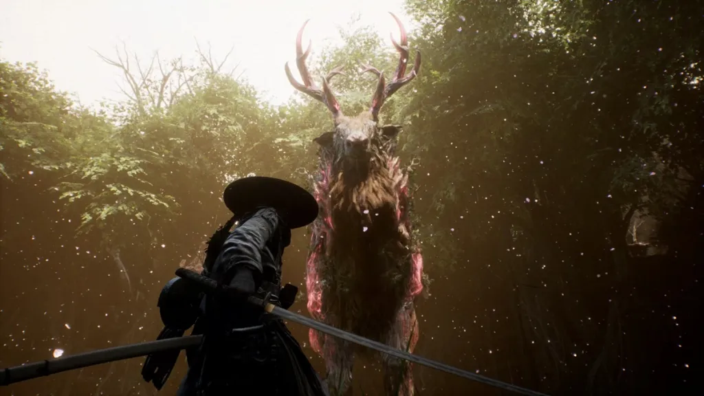 Beast of Reincarnation screenshot featuring Emma fighting a boss inside a forest.