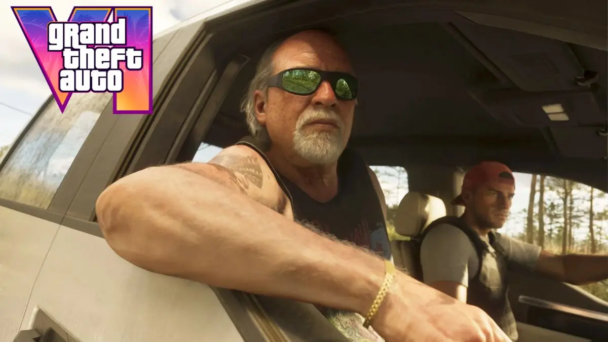 Characters inside a car with a logo for GTA 6