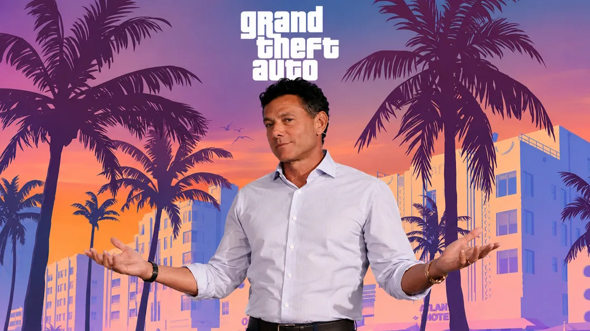 Take Two CEO with GTA 6 official key art in back