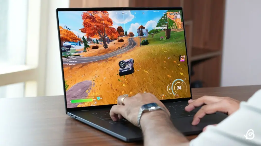 Driving a car in Fortnite on Dell XPS 16