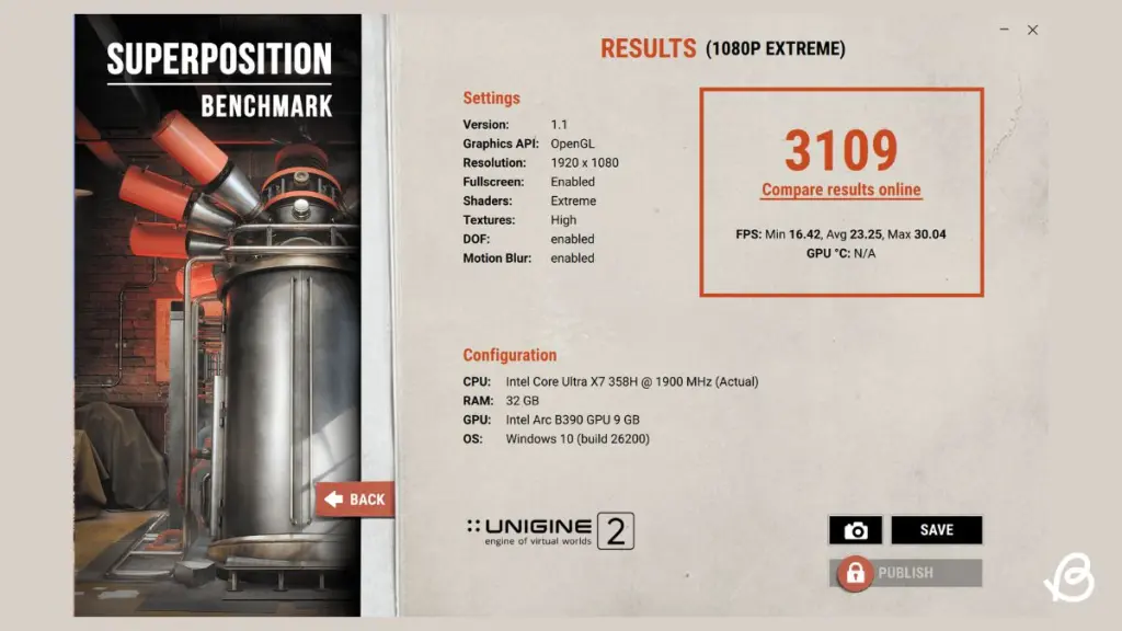 Dell XPS 16 Unigine Benchmark Stats