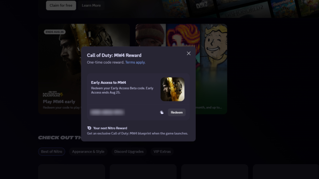 Canje del código beta de MW 4 en Discord Nitro Home