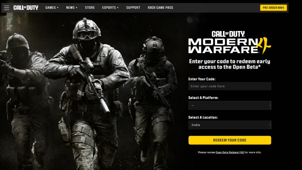 Canje del código beta en la página de activación de Activision