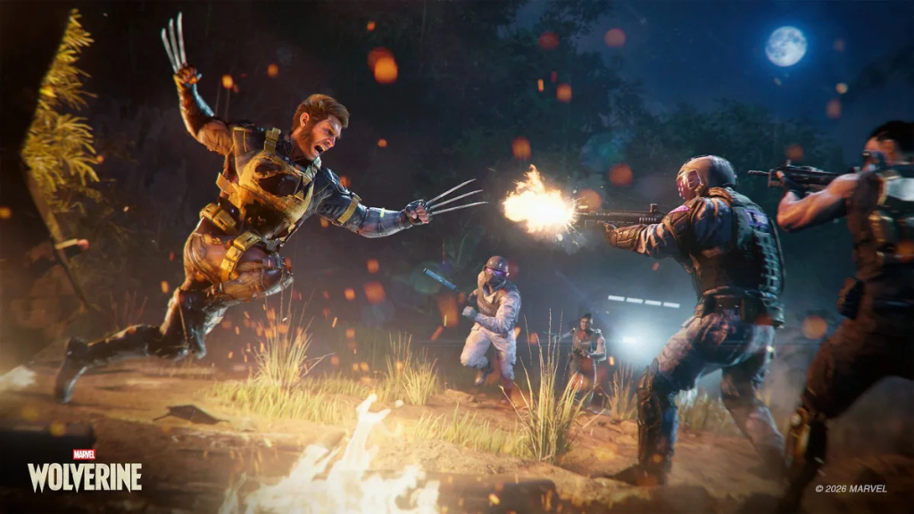 Marvel's Wolverine screenshot featuring Logan lunging at Bolivar Trask's task force.
