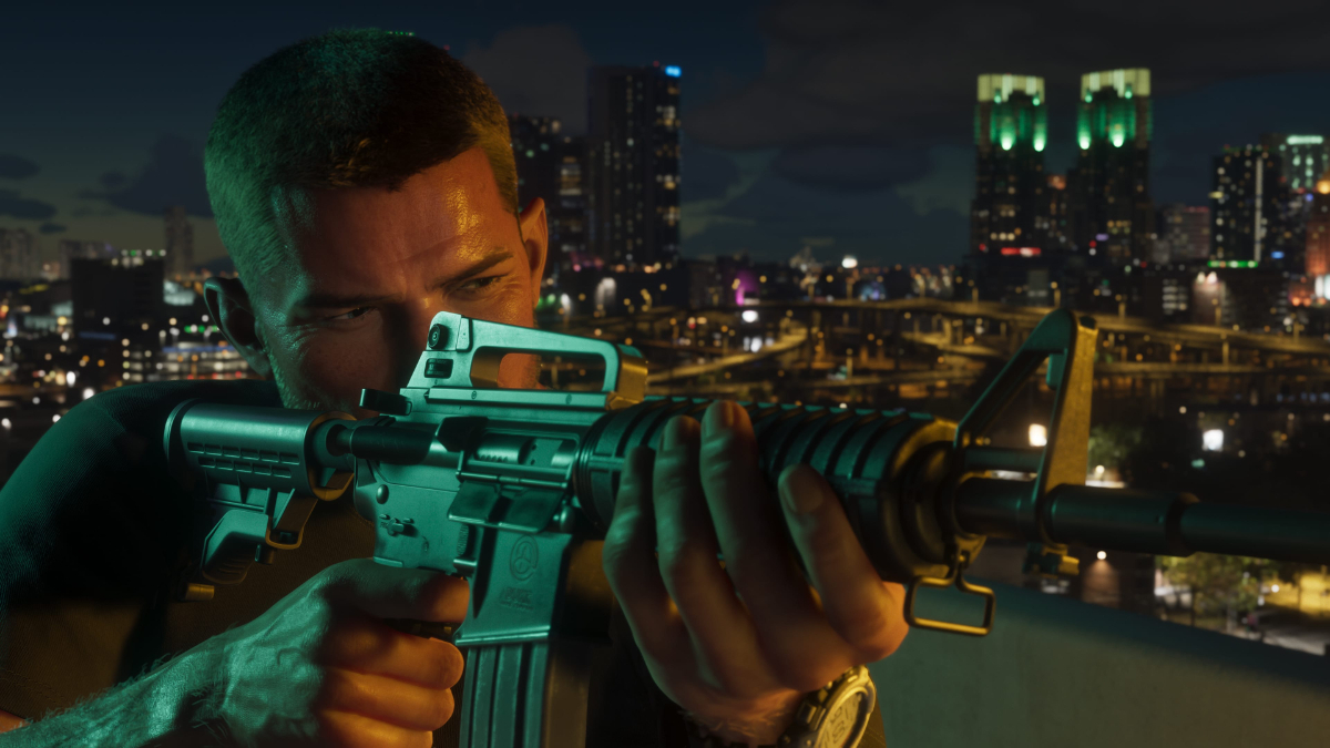 Jason firing an AR in Vice City in a GTA 6 screenshot.