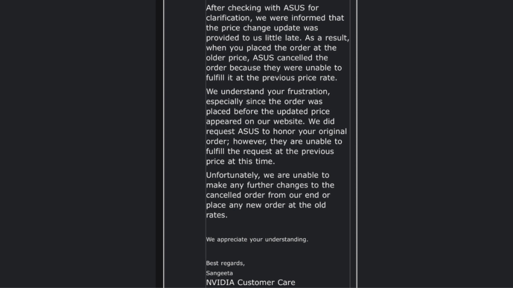 Respuesta de soporte de Nvidia al pedido cancelado de RTX 5090.