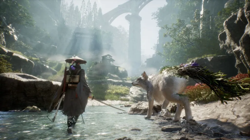 Emma and her furry companion Koo walking through the world of Beast of Reincarnation PC.