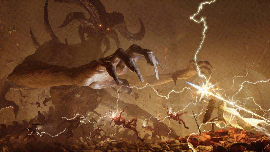 Blizzard's Diablo 4: Lord of Hatred screenshot, featuring the demon Mephisto in a hellish background with his jobbers on the field.