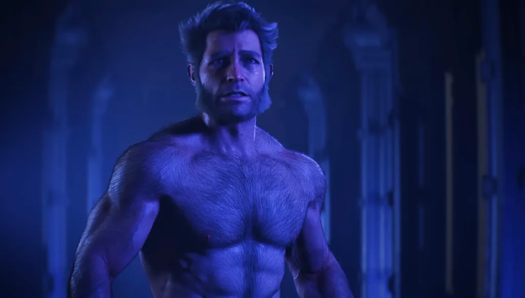 Marvel's Wolverine screenshot featuring a shirtless Logan under some blue lighting.