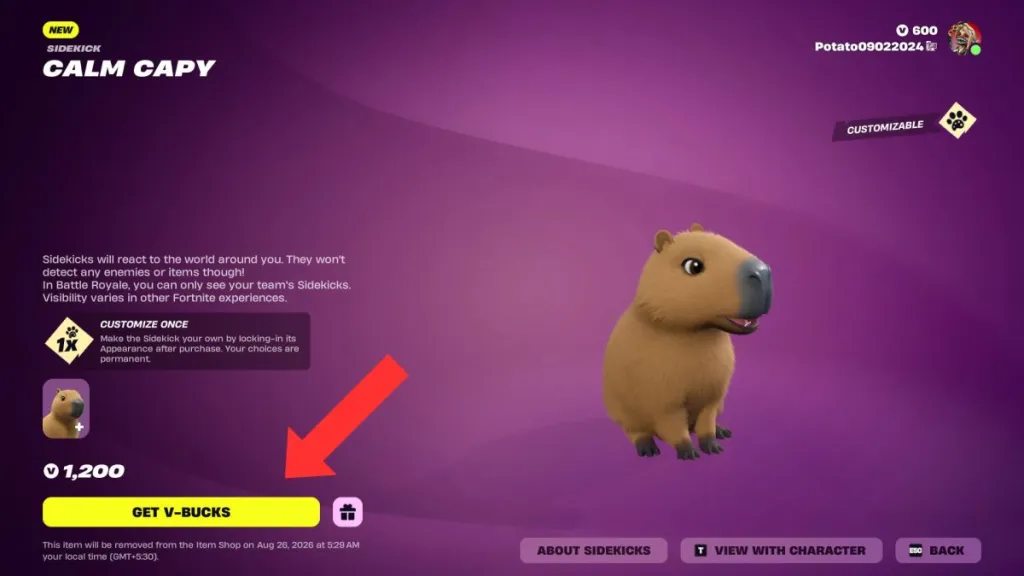 Calm Capy Sidekick en la Tienda de Fortnite