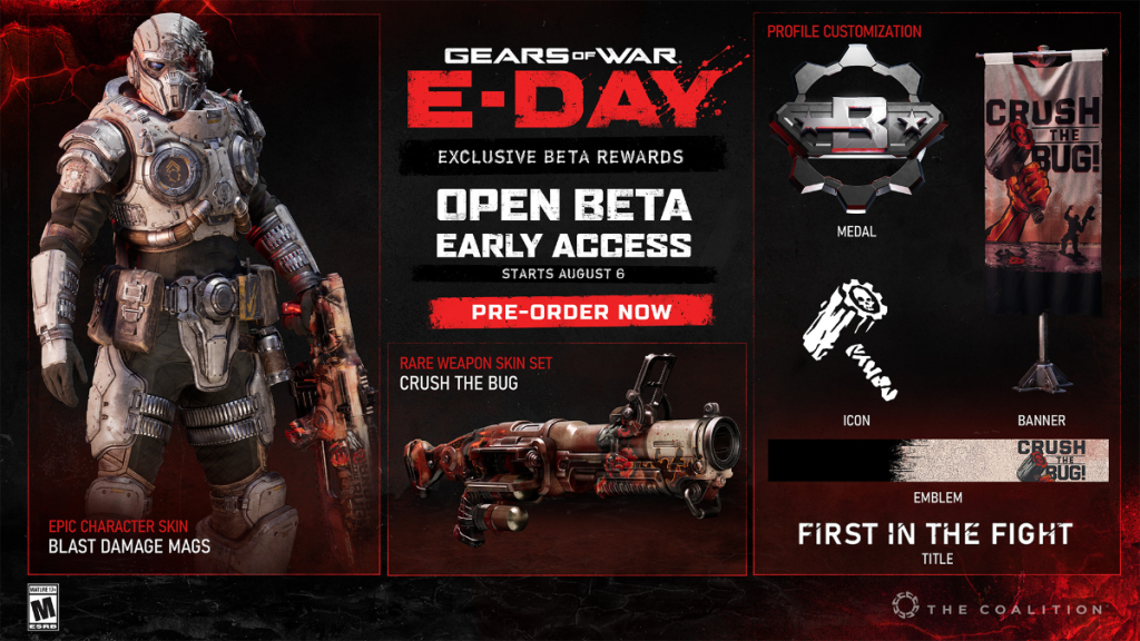 All Gears of War E-Day Beta rewards featuring an Epic Character Skin, a Skin Set, a Banner and other rewards.
